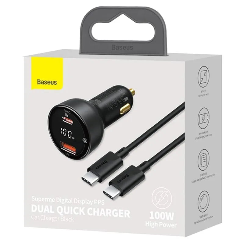 Baseus Superme Digital Display PPS Dual Quick Charger Car Charger Black (with Baseus Xiaobai series fast charging Cable Type-C to Type-C 100W(20V/5A) 1m Black) Baseus Superme Digital Display PPS Dual Quick Charger Car Charger Black (with Baseus Xiaobai series fast charging Cable Type-C to Type-C 100W(20V/5A) 1m Black)